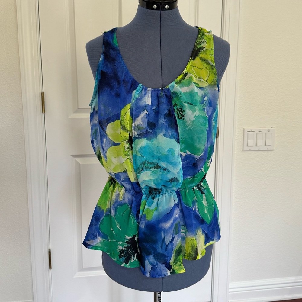 Chenault sleeveless green and blue sheer peplum top